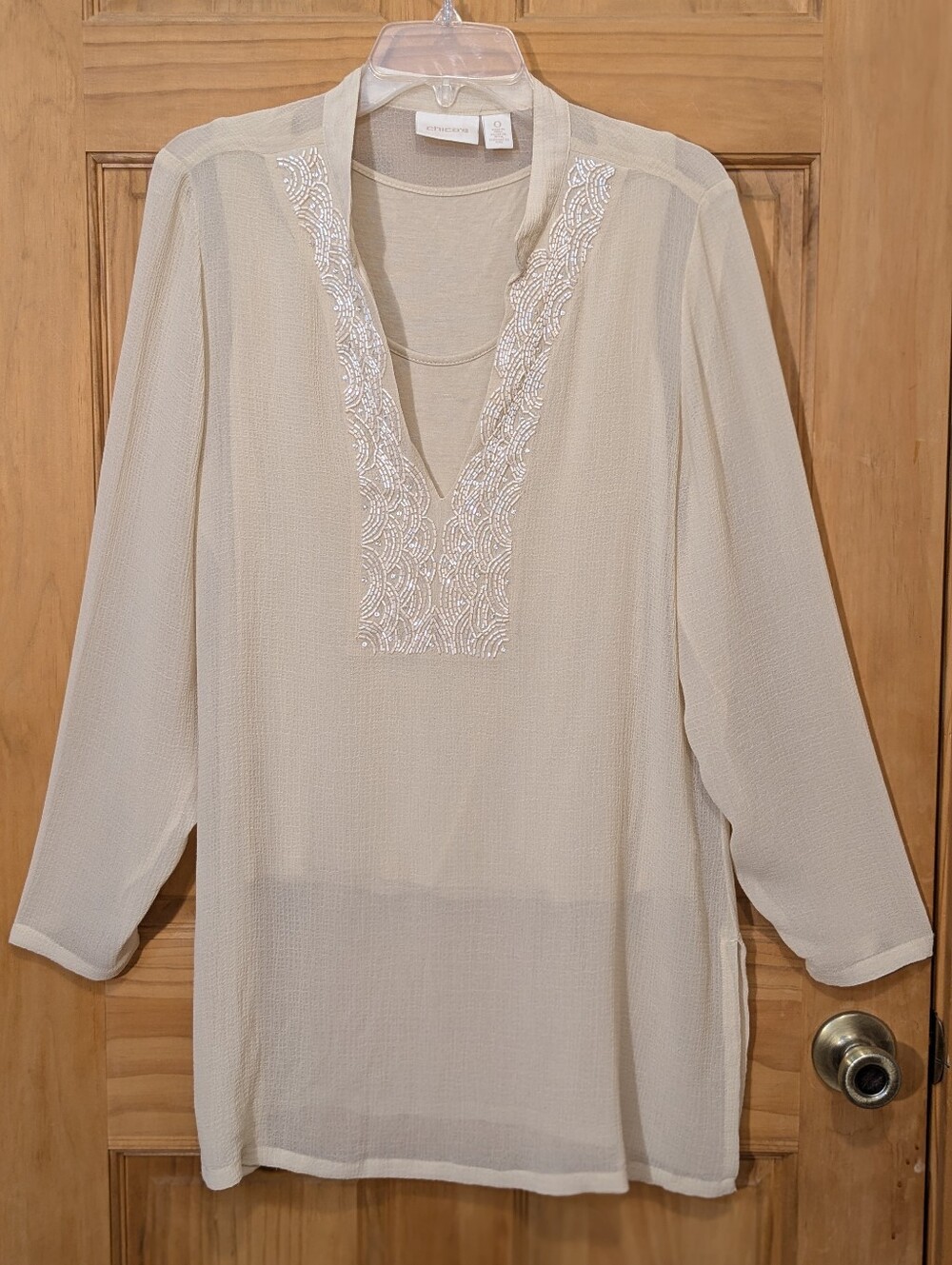 Chico's Drama Embellished Tunic Cashew Cream Beige LS Blouse Sz 0/Sm Boho Flowy